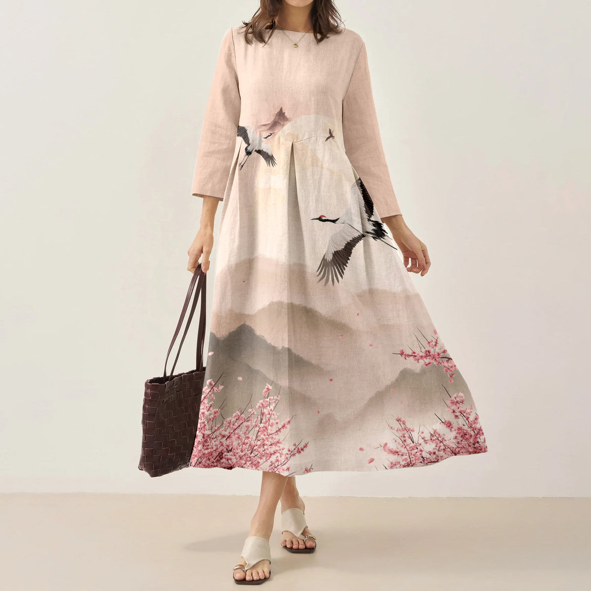 Comstylish Japanese Retro Cherry Blossom With Crane Print Art Comfy Maxi Dress