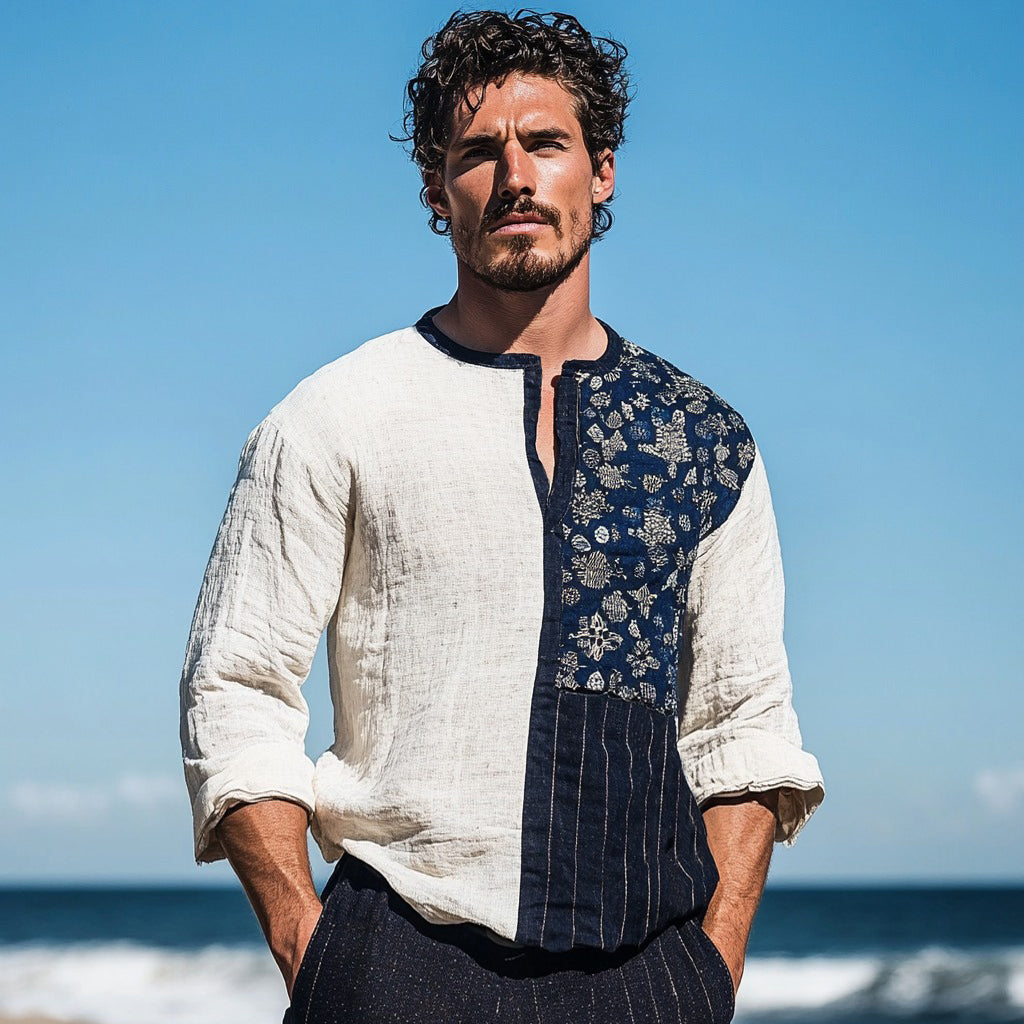 Men's Vintage Sashiko Patchwork Japanese Art Linen V-neck Shirt elevenforest