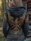 Women's Viking Golden Phoenix Embroidery Navy Blue Vintage Hooded Sweater artswardrobe