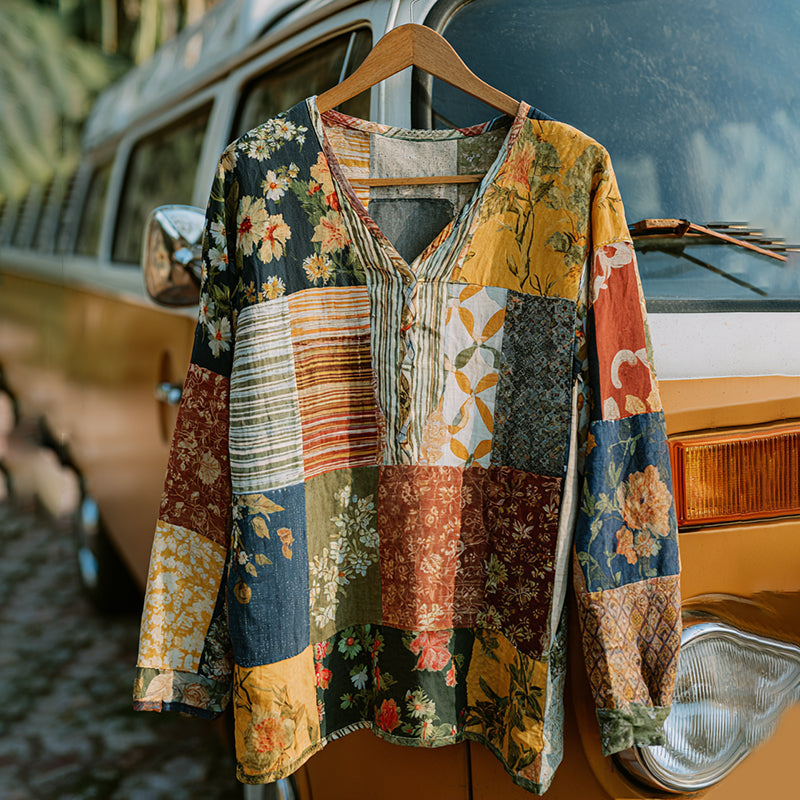Comstylish Countryside Style Collection Classy Patchwork Floral Pattern Art Linen Long Sleeve Tshirt