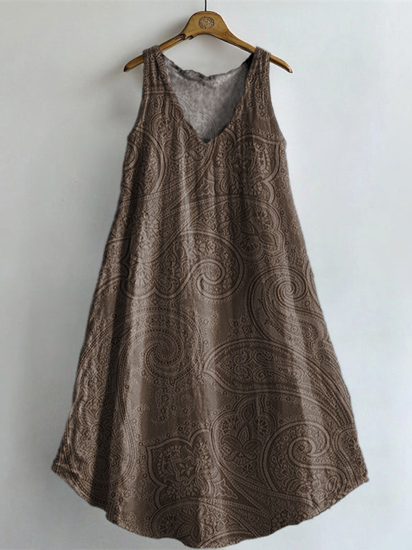 Women's Retro Paisley Floral Art Print V-neck Pocket Cotton Dress