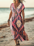 Women's Vintage Ethnic Floral Art Print Pocket Cotton Dress