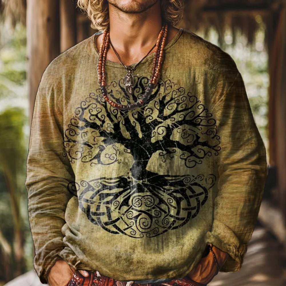 Men's Tree Of Life Gradient Art Painting Round Neck Long Sleeve Linen T-shirt elevenforest