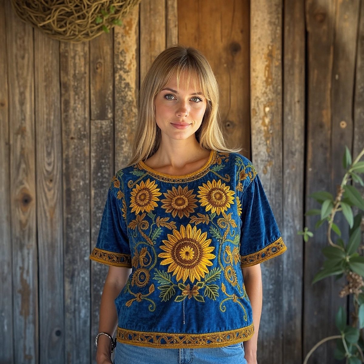 Vintage Sunflower Ethnic Floral Linen T-shirt elevenforest