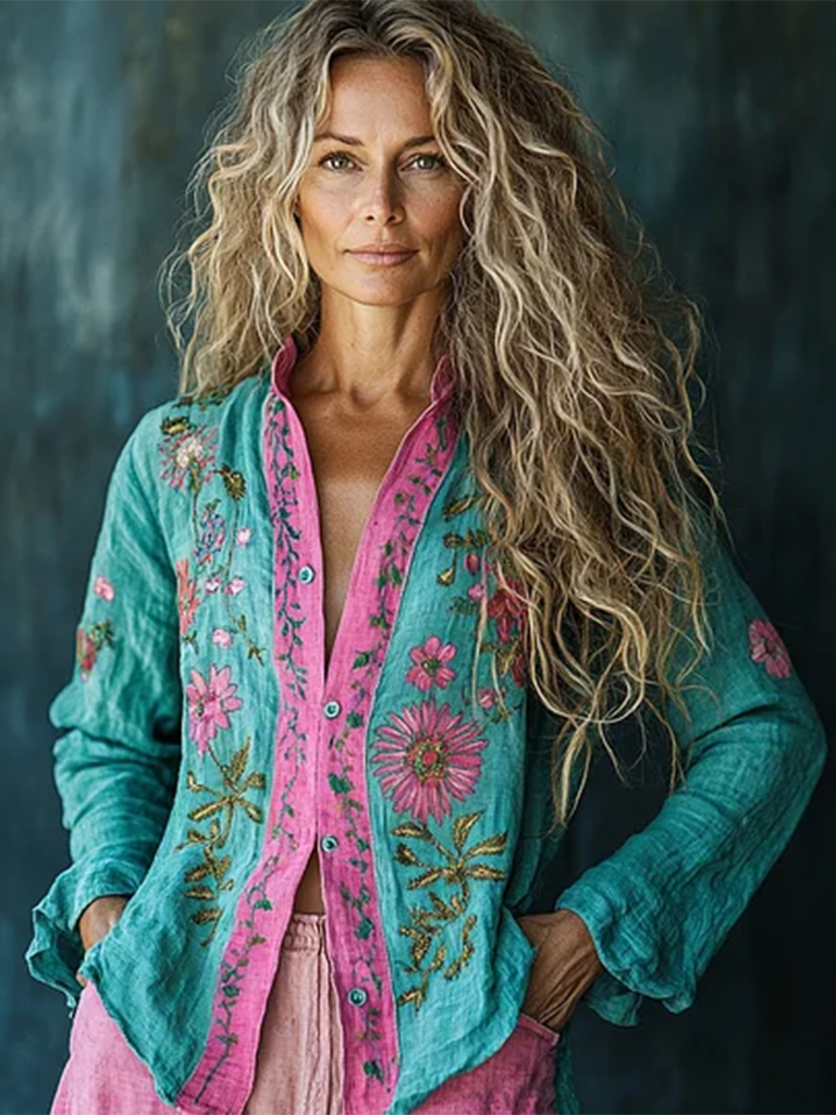 Bohemian Holiday Style Linen Floral Print  Long Sleeve Shirt elevenforest