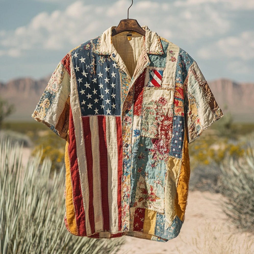 Men's Retro American Flag Floral Patchwork Pattern Art Short-sleeved Linen Shirt elevenforest