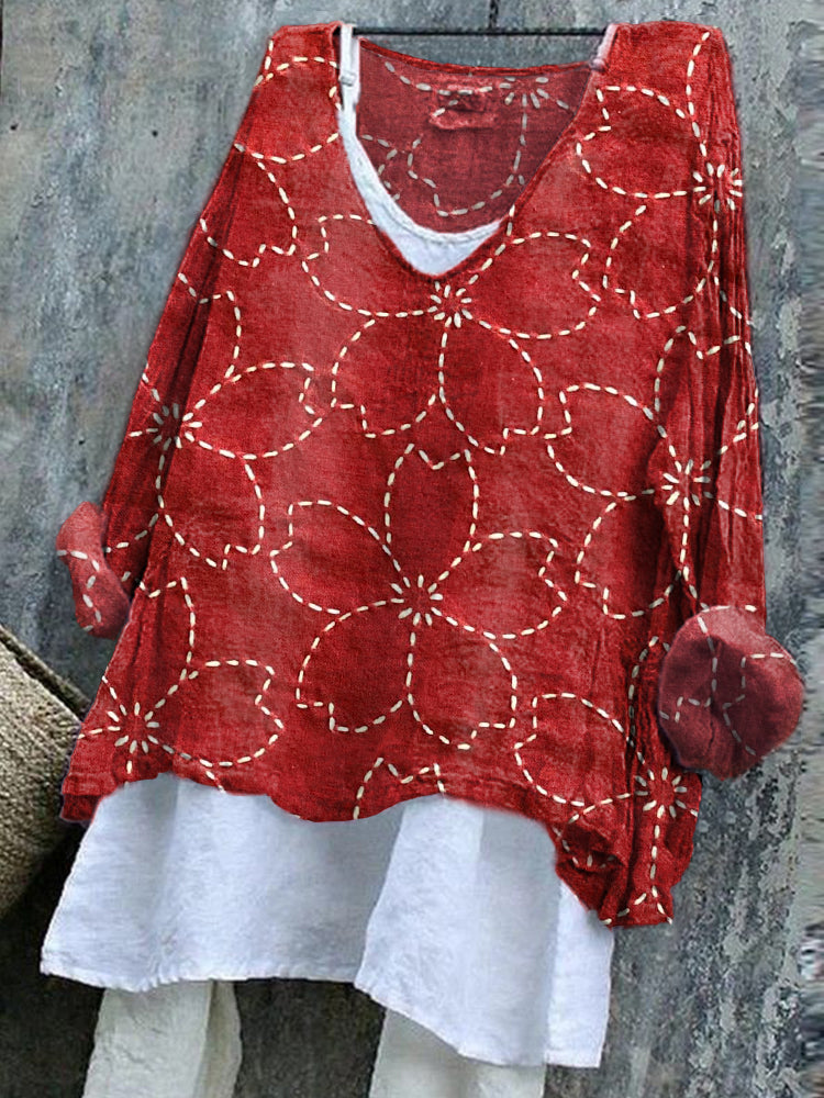 Women's Japanese Cherry Blossom Embroidered Linen Blend Shirt elevenforest