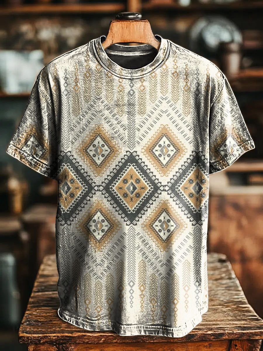Ethnic Style Stripes Geometry Rhombus Vintage Art Print Casual T-shirt