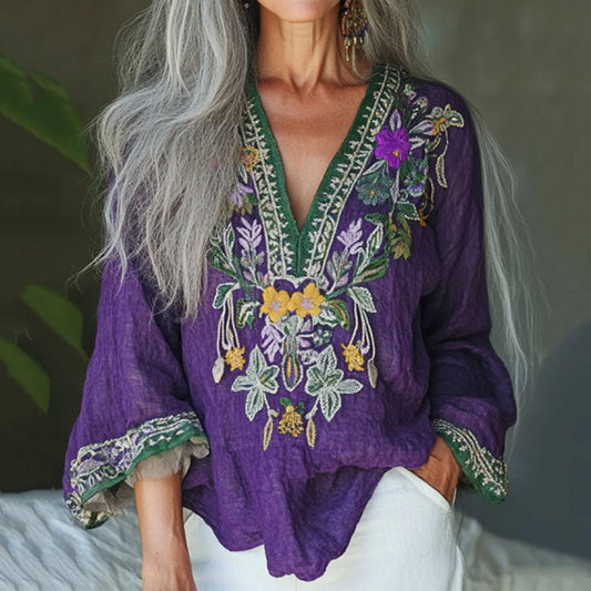 Comstylish Vintage Floral Embroidery Linen Art V-neck Shirt