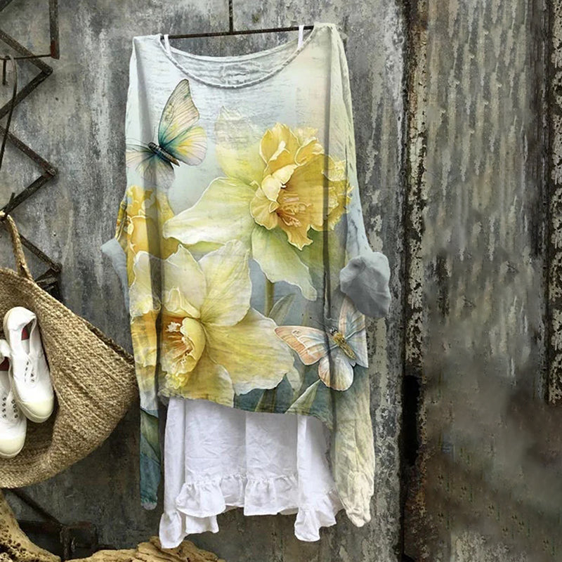 Vintage Narcissus Butterfly Print Linen Blend Shirt elevenforest