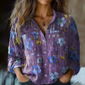 Bohemian Style Purple Floral Embroidery  Linen Print  Long Sleeve Shirt elevenforest