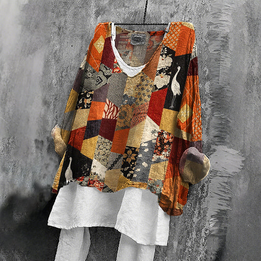Comstylish Women's Retro Japanese Patchwork Art V-neck T-shirt