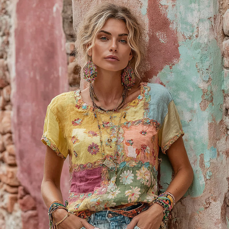 Women's Bohemian Daisy Embroidery Patchwork Art Round Neck Short Sleeve Linen Blend T-shirt elevenforest