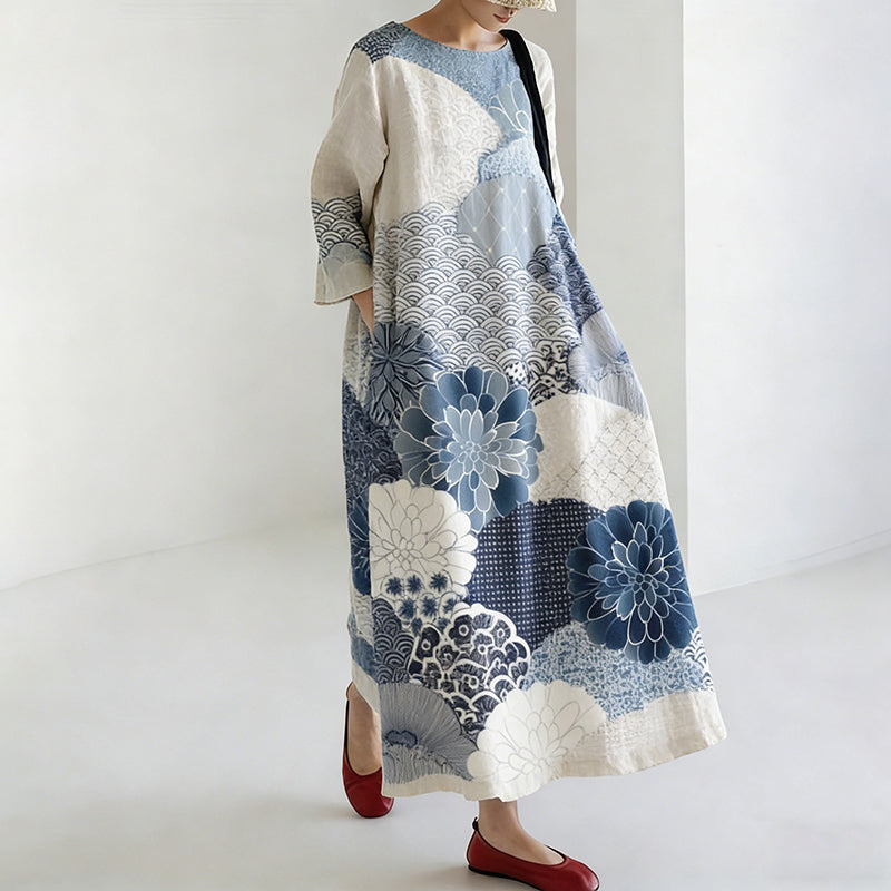Women's Japanese-style Linen Dress With Floral Pattern elevenforest