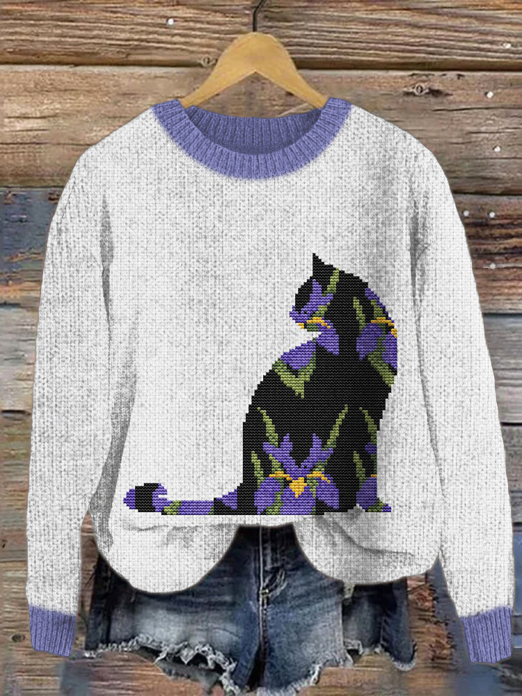 Black Cat & Flower Women's Casual Sweater elevenforest