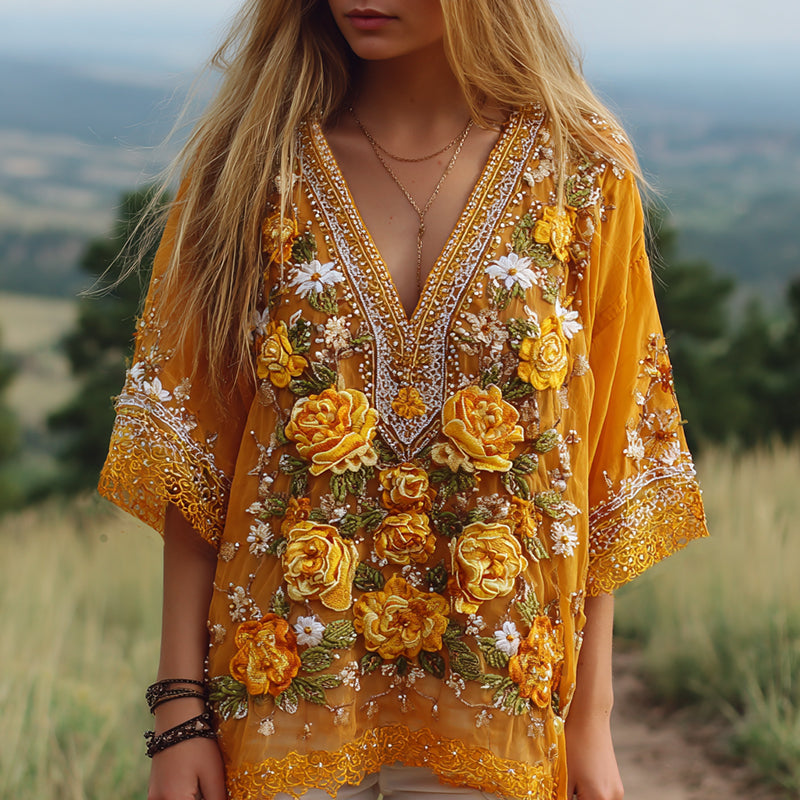 Women's Classic Bohemian Yellow Floral Embroidery Art Linen Blend T-shirt elevenforest
