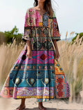 Women's Ethnic Tattoo Patchwork Art Print Flowy V-Neck Cotton Dress