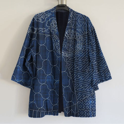 Japanese Traditional Sashiko Art Print Linen Blend Kimono Cardigan elevenforest