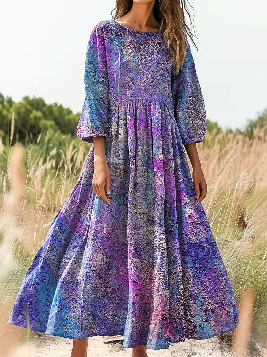 Women's Vintage Ethnic Art Print Flowy Cotton Crew Neck Dress