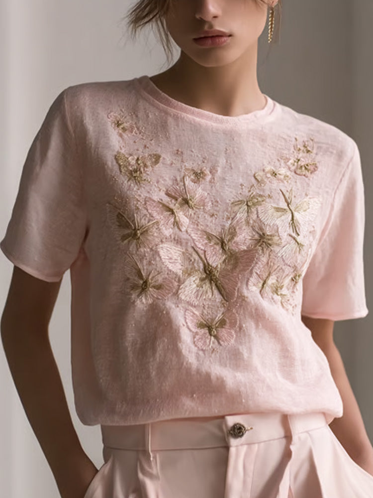 Women's Retro Pink Butterfly Embroidery Art Print Round Neck Short Sleeve T-shirt elevenforest