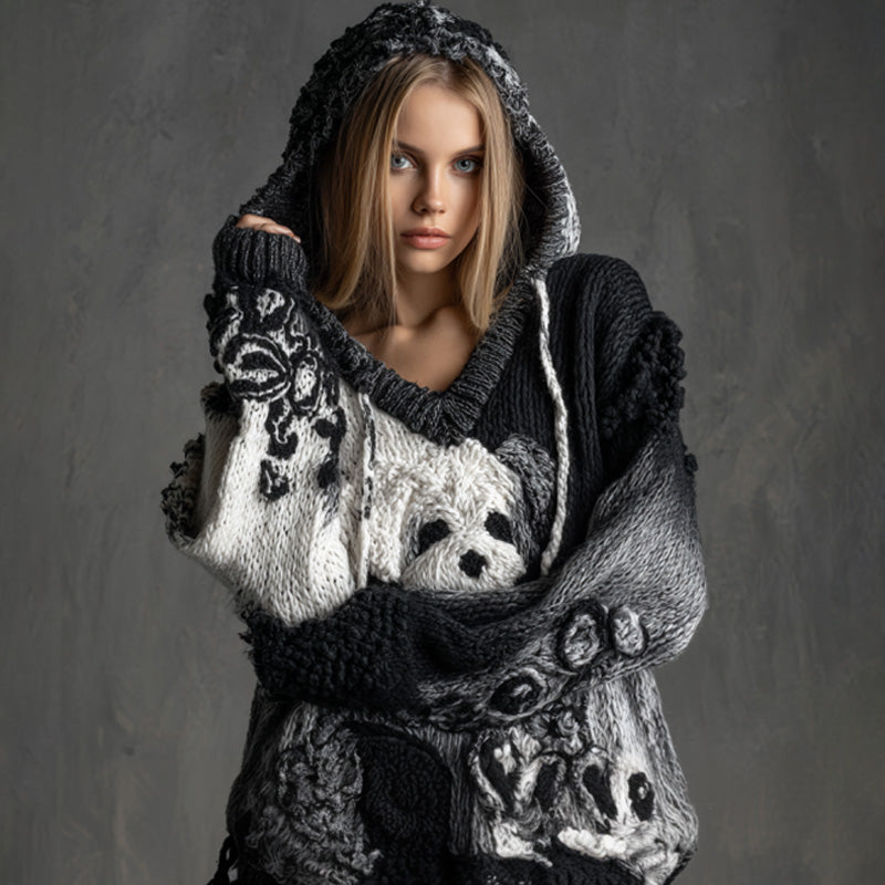 Women's Vintage Dog Embroidered Hooded Sweater elevenforest