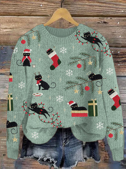 Christmas Cats Embroidery Cozy Sweater elevenforest