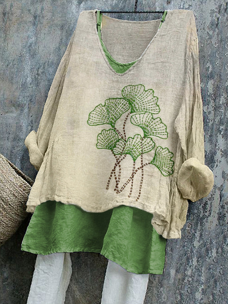 Ginkgo Leaf Embroidered Vintage Linen Shirt elevenforest