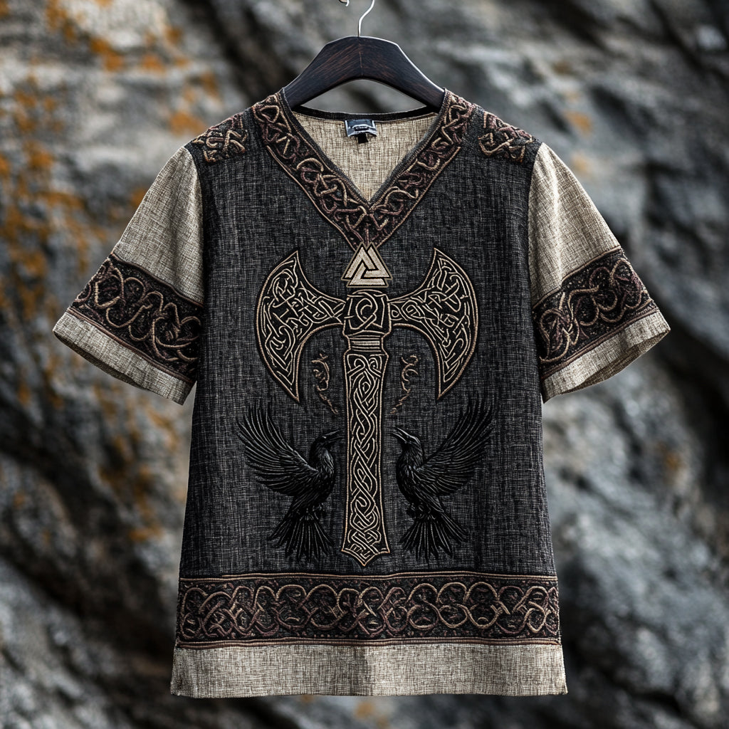 Men's Viking Runes Celtic Knot Raven And Axetotem Linen T-shirt elevenforest