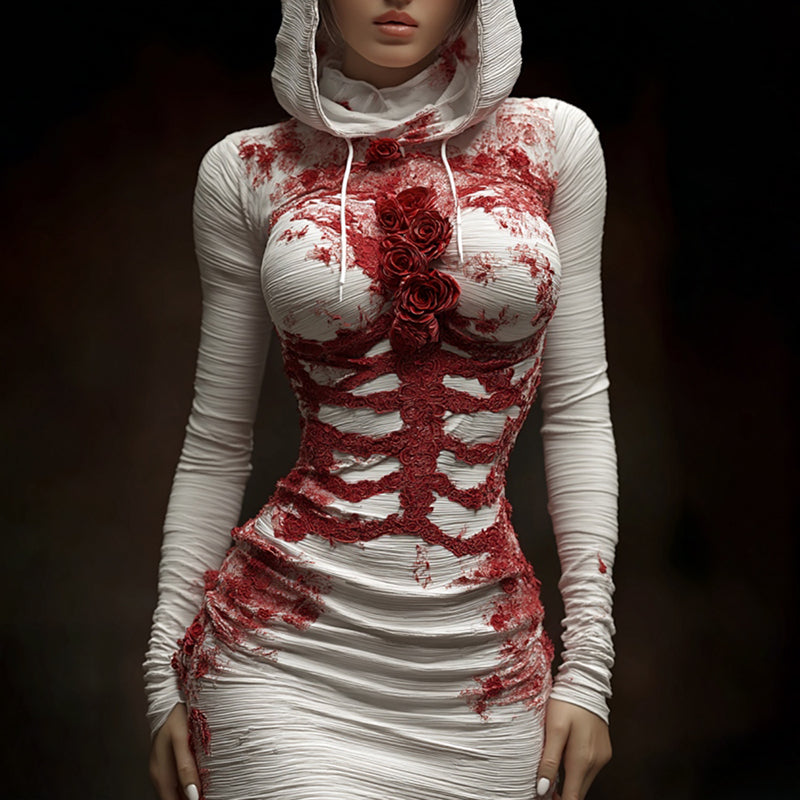 Comstylish Vintage Skeleton Anatomy Roses Art Hooded Sweater Dress