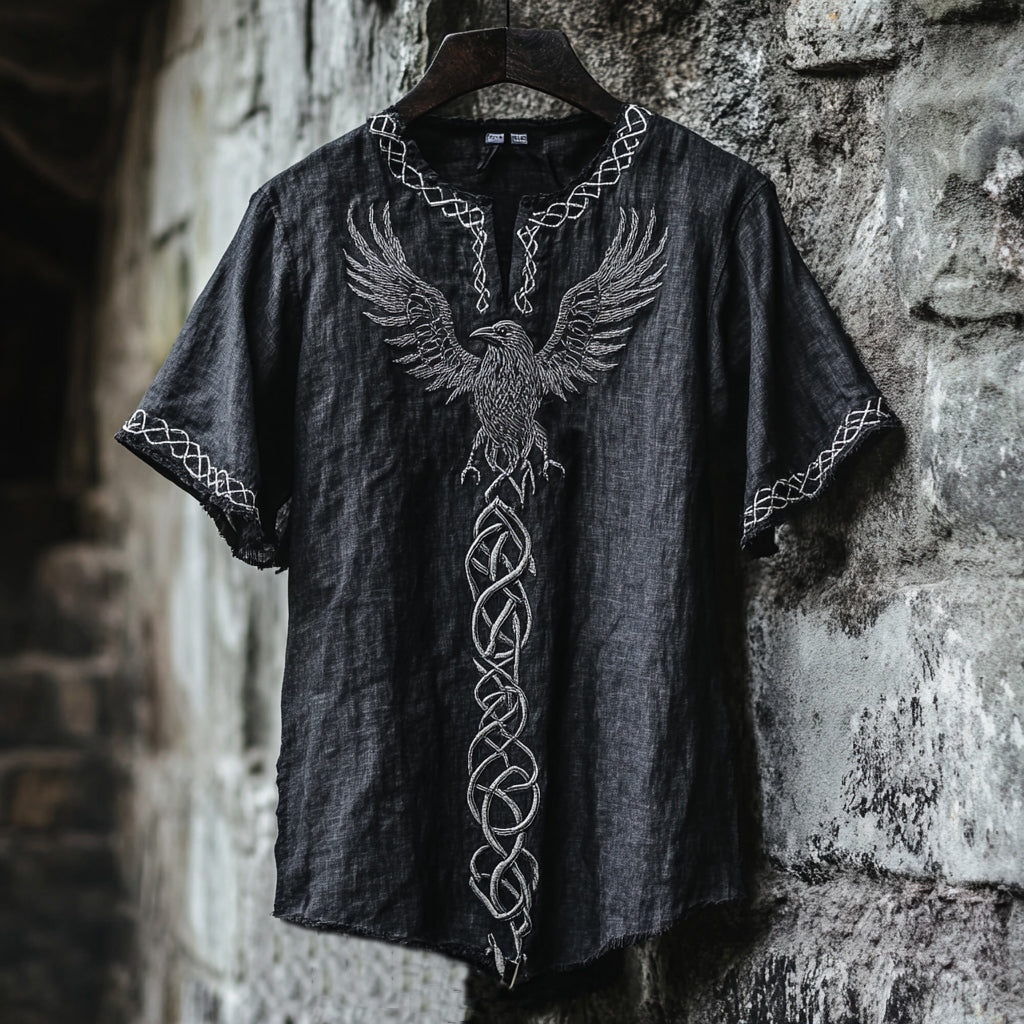 Men's Celtic Knot Raven Embroidered Vintage Shirt elevenforest