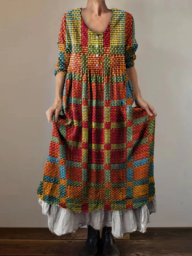 Women's Gradient Check Art Print V-Neck Button Pocket Cotton Dress