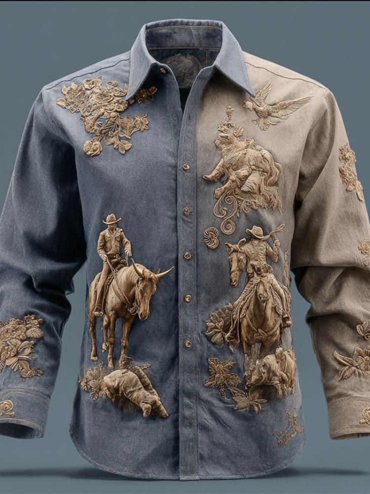 Western Cowboy Style Animal Elements Retro Cotton And Linen Men's Shirt elevenforest