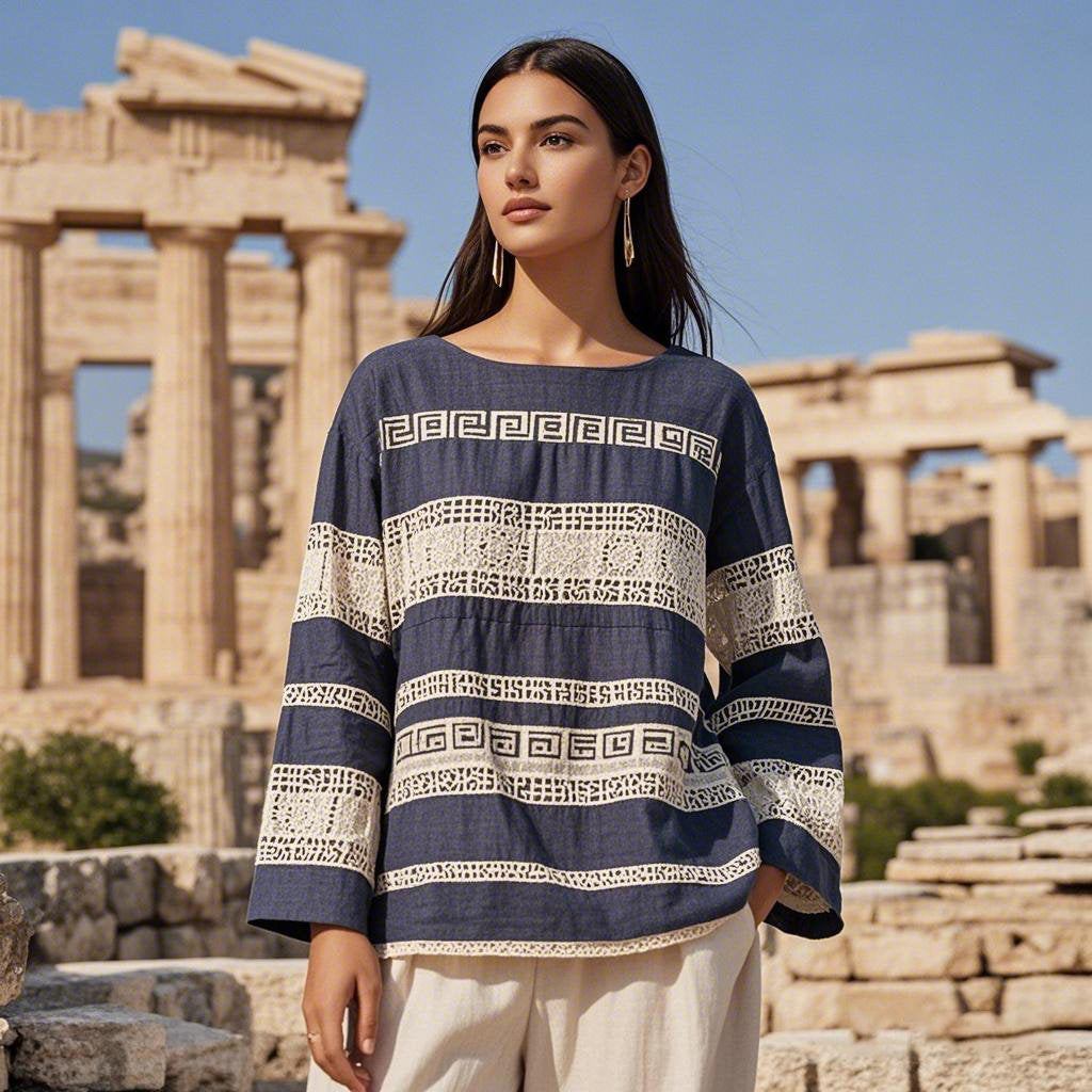 Greek Key Lace Embroidered Linen Blend Loose T-shirt elevenforest