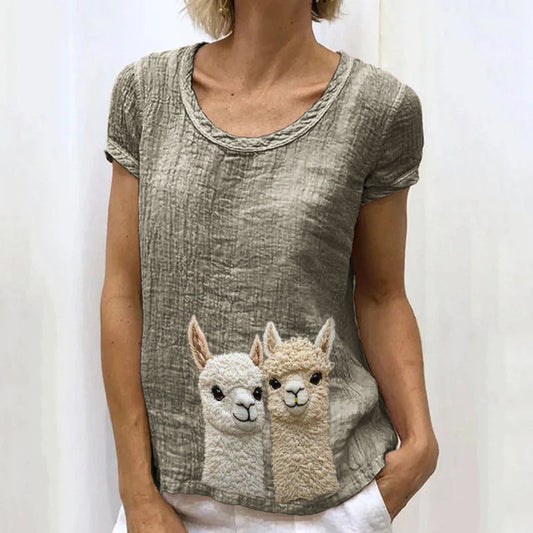 Comstylish Lovely Fuzzy Alpaca Embroidered Linen Shirt