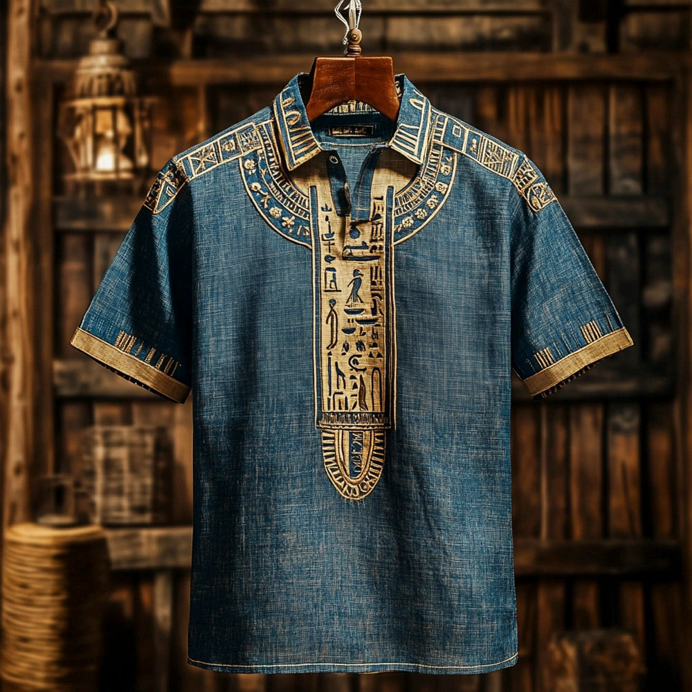 Vintage Egyptian Totem Print Men's Linen Short Sleeve Shirt elevenforest