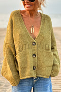 Olivia® | Solid color loose long sleeve knitted sweater with V-neck and pocket