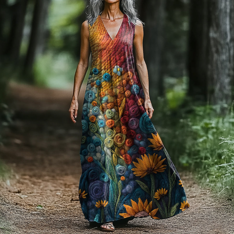 Women's Rainbow Floral Ethnic Art Pattern Print V-neck Sleeveless Pock