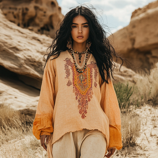 Vintage Ethnic Style Embroidered Linen V Neck Long Sleeve Shirt elevenforest