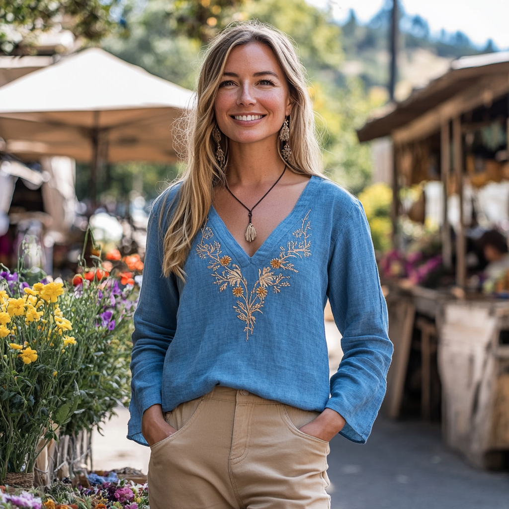 Women's Floral Embroidered Linen V-neck Shirt elevenforest