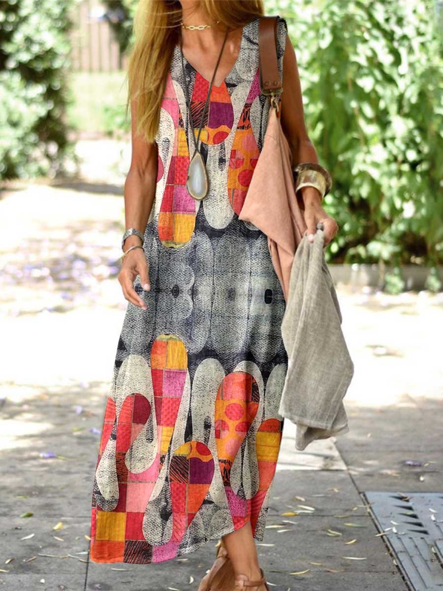 Women's Elegant Art Abstract Pattern Loose Cotton and Linen Tank Dress
