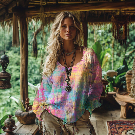 Comstylish Women's Vintage Bohemian Tie-dye Art Linen Casual T-shirt