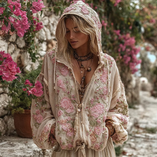 Bohemian Style Pink Rose Vintage Zip-up Cardigan Hoodie elevenforest
