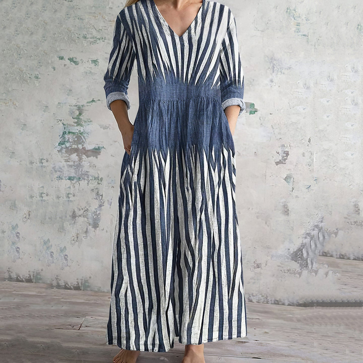 Stripes Art Print V-neck Linen Blend Midi Dress elevenforest