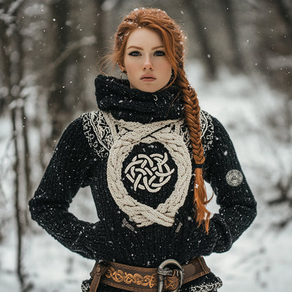 Women's Viking Tribal Jacquard Celtic Inspired Chunky Knit Hooded Sweater artswardrobe
