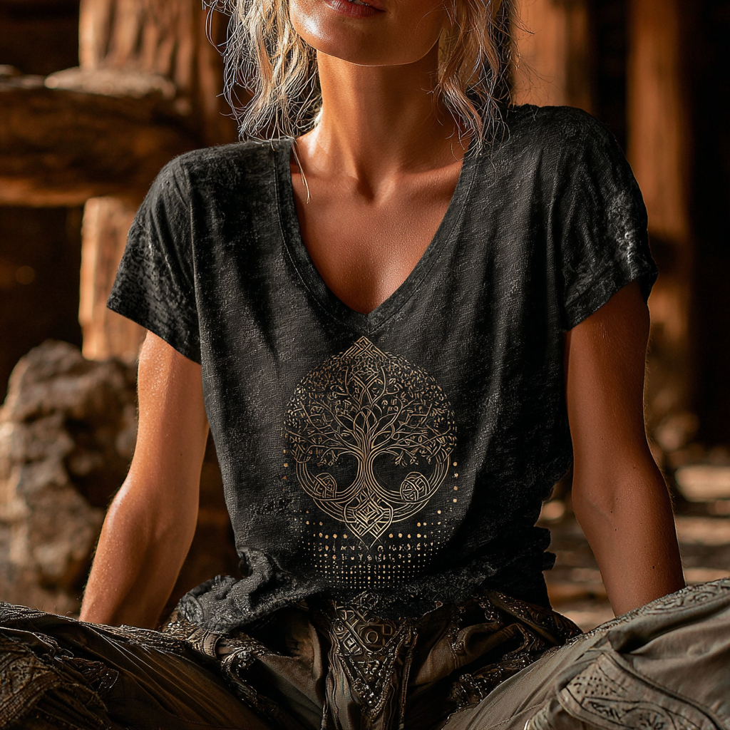 Women's Vintage Viking Tree Of Life Graphic Basic T-shirt elevenforest
