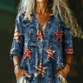 Women's Independence Day Retro Star Patchwork Art Cotton And Linen Shirt elevenforest