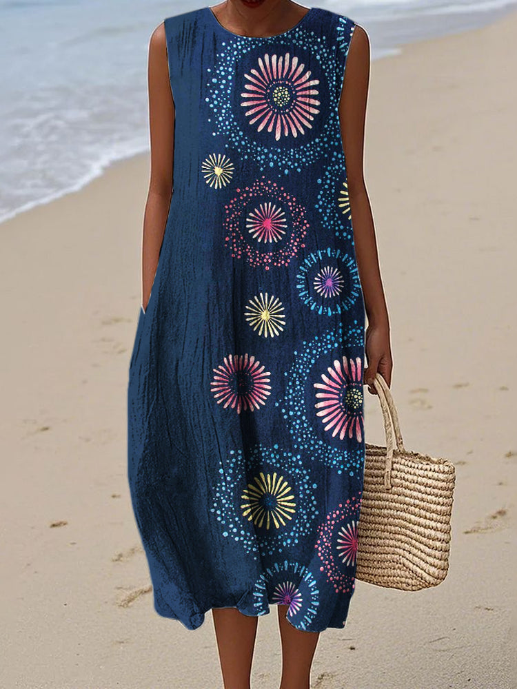 Comstylish Colorful Summer Fireworks Japanese Art Linen Dress