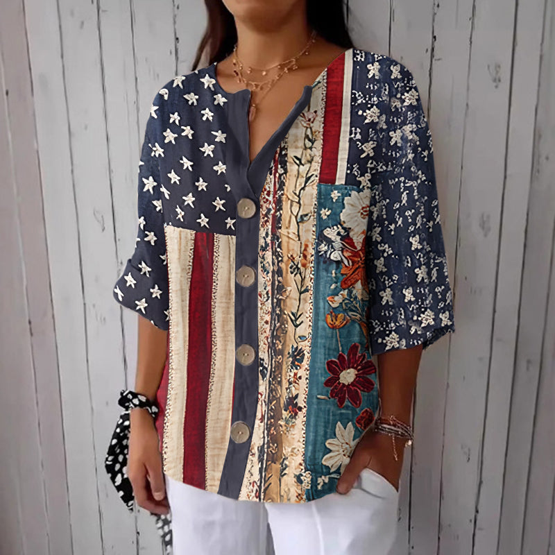 Women's Independence Day American Flag & Floral  Patchwork Line Print Button Linen Blend Shirt elevenforest