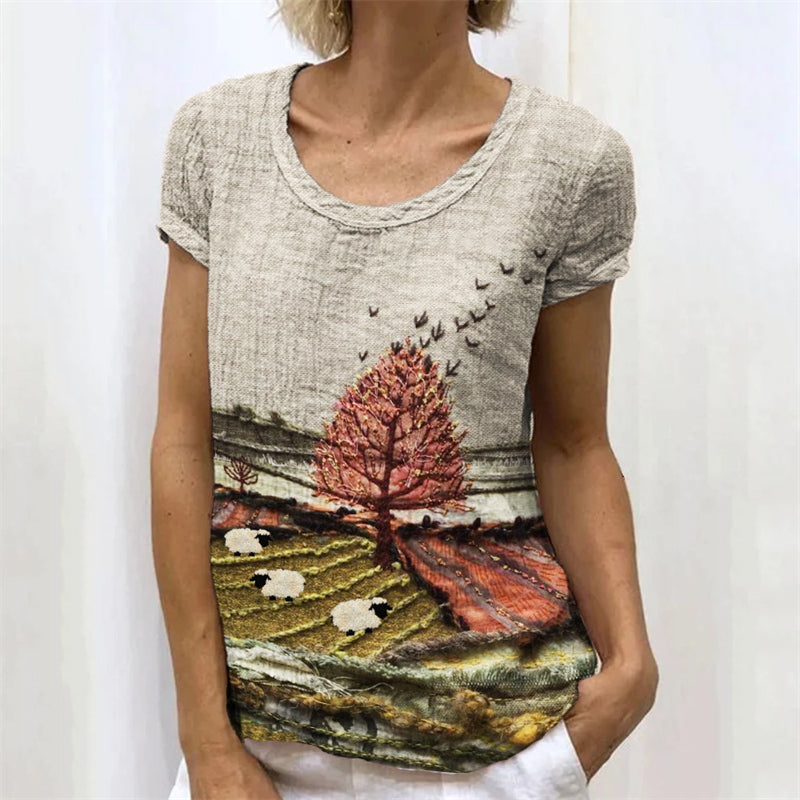 Sheep & Farm Landscape Embroidered Textile Linen Shirt elevenforest