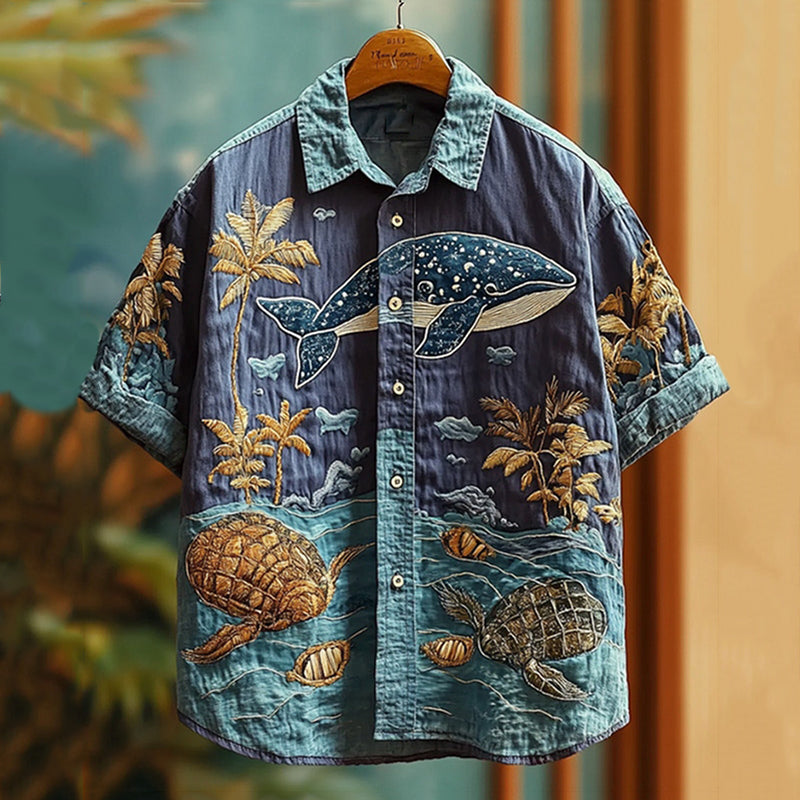 Men's Embroidered Sea Life Whale Vacation Hawaiian Shirt elevenforest